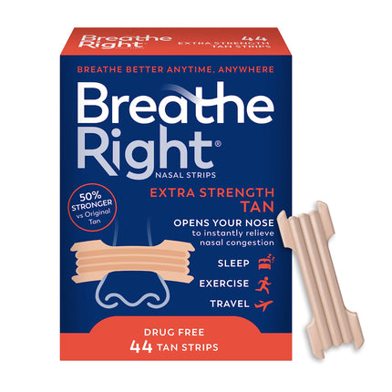 Breathe Right Nasal Strips, Extra Strength Tan Nose Strips, Drug-Free Nasal Congestion Relief for Better Breathing, Help Relieve Snoring, Caused by Colds & Allergies, Deviated Septum, 44ct