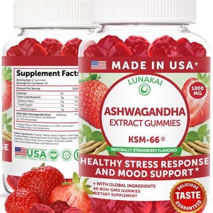 Lunakai USA Made KSM-66 Ashwagandha Gummies for Women & Men – Daily Vegan Supplement for Stress, Mood & Sleep Support, 60ct