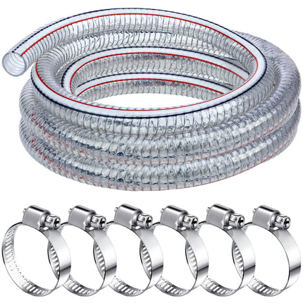 Frienda Heavy Duty Steel Wire Flexible Tubing with Fasteners PVC High Pressure Oil Drain Hose Tube Clear Wire Reinforced for Pond Marine Bilge Pump Garden Pool(10 Ft, 1-1/2 Inch Id)