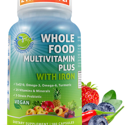 Vegan Whole Food Daily Multivitamin with Iron, Methylated Multivitamin for Women and Men, Made with Fruits & Vegetables, B-Complex, Probiotics, Enzymes, CoQ10, Omegas, Turmeric, Non-GMO, 180 Count