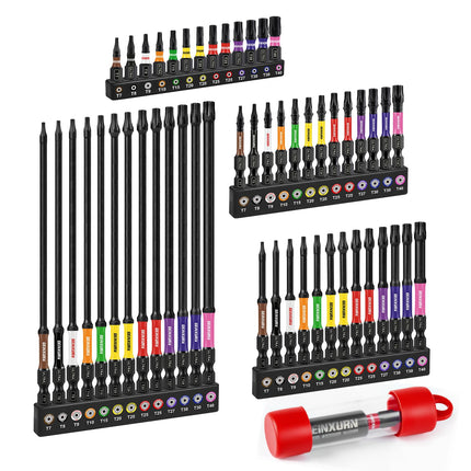 Geinxurn Impact Torx Screwdriver Bits Set, 52Pcs Magnetic(T7-T40) S2 Steel 1”/2”/3”/6” Long Extension Multi Star Driver Bits and 1Pc Bit Holder with Color Coded Base