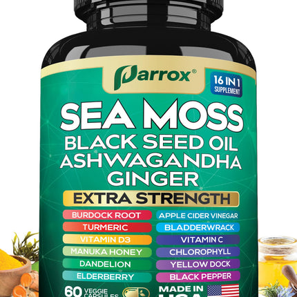 Sea Moss Black Seed Oil Supplement, 16-in-1 Ashwagandha, Turmeric, 60 Caps