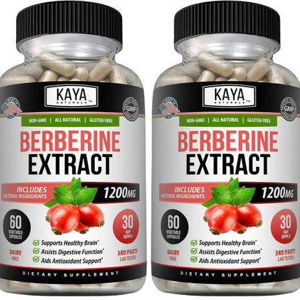 Kaya Naturals Berberine HCL Extract 1200mg - Immune System - Gluco Levels - Gut Health (Vegetarian, Non-GMO & Gluten-Free) Berberine Supplement (60 Count (Pack of 2)