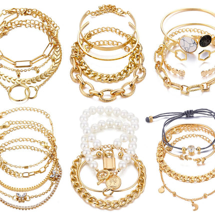 17IF 25 PCS(6 Pack) Dainty Boho Gold Chain Bracelets Set for Women Stackable Chunky Multipack Layered Bangles Adjustable Flat Cuff Cuban Punk Charm Bracelet Bundle Jewelry