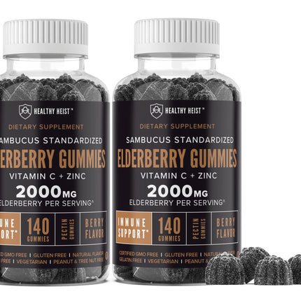 Sambucus Black Elderberry Gummies for Adults and Kids with Zinc and Vitamin C, 280 Gummy Bulk Size, Chewable Immune Support, Non GMO, Kosher, Pectin, Vegan, Delicious Berry Flavor by Healthy Heist