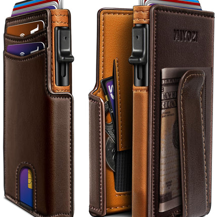 miyozi Wallet for Men, Magnetic Minimalist Slim Wallet with Pop Up Card Holder, 9 Cards RFID Blocking Metal Credit Card Case, Leather Wrapped Money Clip, ID Window & Small Item Slot, Gift Boxed