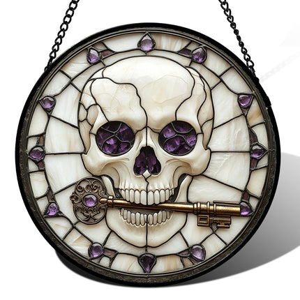 CRISGIF Stained Glass Window Hanging - Halloween Scary Skull Suncatcher for Doors Garden Home Spooky Purple Skeleton Key Sun Catchers Gothic Decor Horror Gifts for Women Men Friend Boy Girl 6.3 in
