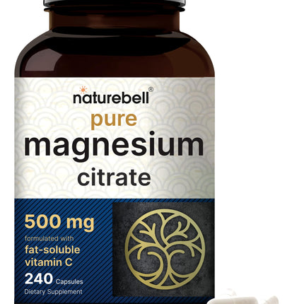 NatureBell Pure Magnesium Citrate 500mg per 3 Capsules Serving Size, 240 Capsules per Bottle | High-Purity Elemental Form | Non-GMO, Gluten-Free