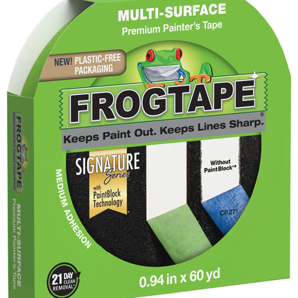 FrogTape Multi-Surface Painter's Tape with PAINTBLOCK, 1 in Wide (0.94 in x 45 yd), Quick Stick Medium Adhesion, Premium Green Painters Tape Removes Clean, 1 Roll (1396748)