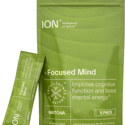 ION* Intelligence of Nature Focused Mind Nootropic Powder Drink Mix - Brain Boost Nootropic Drink with Matcha for Memory, Focus & Relaxation, Brain Supplement for Men & Women, Adults - 5 Packets