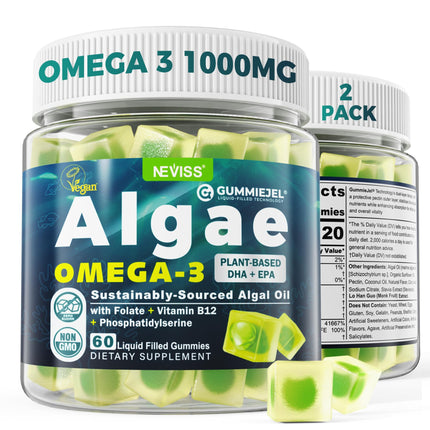 2 Pack Algae Omega 3 Gummies for Adults, Plant Based DHA 460mg & EPA 230mg, Omega 3 Fish Oil Alternative for Adults, Plus MethylFolate, Vitamin B12, Phosphatidylserine, No Fishy Taste, Sugar Free