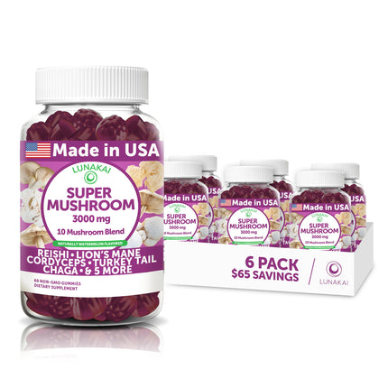 Lunakai USA Made Super Mushroom Gummies for Adults – 10-in-1 Adaptogenic Mushroom Supplement with Lion’s Mane – Daily Focus & Brain Support – 6 Pack