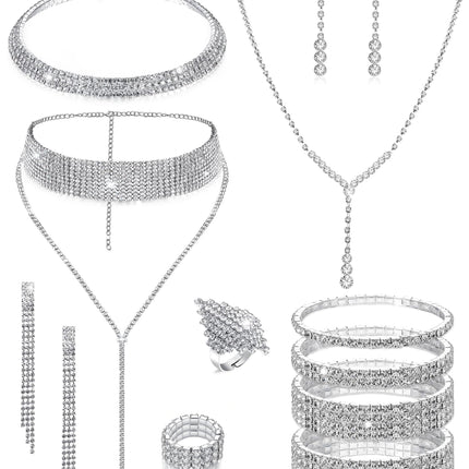Vieyomn 13 Pcs Rhinestone Jewelry Set for Women Wedding Costume Jewels Crystal Necklaces Tennis Bracelets Rings Earrings Set for Wedding Bride Party Accessory