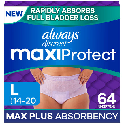 Always Discreet MaxiProtect Adult Diapers for Women, Incontinence Underwear, Postpartum Essentials, Bladder Leak Protection, Disposable Briefs, Maximum Plus Absorbency, Size L, 64 Count