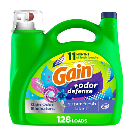 Gain + Odor Defense Liquid Laundry Detergent, Super Fresh Blast Scent, 184 fl oz, 128 Loads, HE Compatible