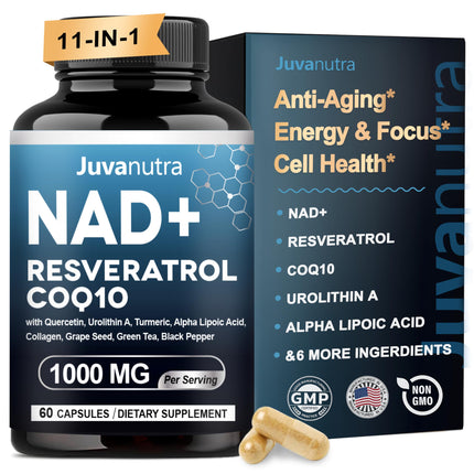 NAD Supplement 11-in-1 Extra Strength – Liposomal NAD with Resveratrol, CoQ10, Urolithin A, ALA & Turmeric – Supports Anti-Aging, Cellular Repair, Energy & Focus – for Women & Men – 60 Capsules