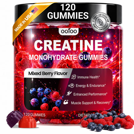 ooioo Creatine Monohydrate Gummies for Men & Women – Boost Focus, Stamina & Muscle Growth – Sugar Free, Vegan, with L-Taurine, BCAA 2:1:1, B12 & B6 – Mixed Berry Flavor – 120 Gummies
