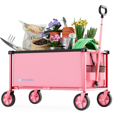 HOMBETTA 29.3" Collapsible Wagon Cart, 150L Heavy Duty Folding Utility Wagon with Wheels, 260 lbs Load, Portable Rolling Cart for Garden, Shopping, Sports, Camping, Pink