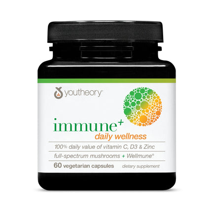 Youtheory Immune+ Daily Wellness - Vegetarian Immune Support Supplement with Vitamin C, Vitamin D3 & Zinc* - Mushroom Supplement with Turkey Tail, Cordyceps & Reishi - 60 Vegetarian Caps