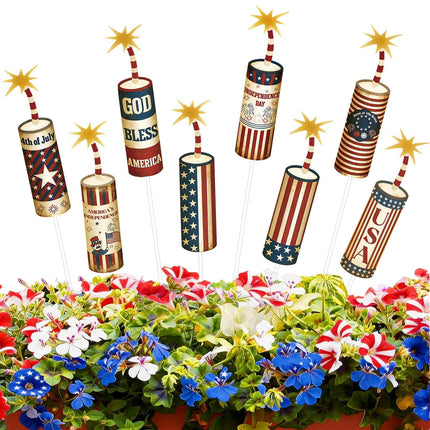 8 Pcs 4th of July Metal Firework Garden Stakes, American Flag Yard Sign, Patriotic Independence Day Memorial Day Decor for Outdoor Lawn, Yard, Garden, Walkway (Fireworks)