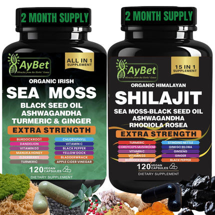 AyBet Sea Moss & Himalayan Shilajit Supplement Combo–Herbal Formula with Black Seed Oil, Ashwagandha, Rhodiola, Turmeric, Ginger – Mineral, Antioxidant Support–Organic, Halal, Vegan Capsules–240 Count