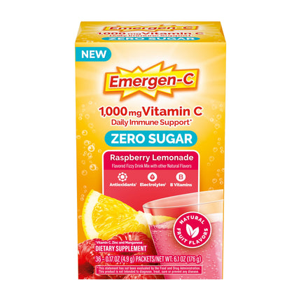 Emergen-C Zero Sugar 1000 mg Vitamin C Powder for Daily Immune Support Caffeine Free Vitamin C Supplements with Zinc and Manganese, B Vitamins and Electrolytes, Raspberry Lemonade Flavor - 36 Count