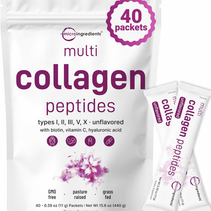 Micro Ingredients Multi Collagen Peptides Powder, 40 Stick Packs | Type I, II, III, V, X + Biotin, Vitamin C & Hyaluronic Acid | Unflavored | Supports Hair, Skin & Joint Health | Keto, Non-GMO