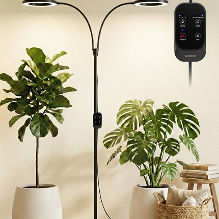 GLOWRIUM 48W LED Dual-Head Grow Light for Indoor Plants, 23.5-71" Adjustable Height, 3-Growing Full Spectrum for Tall Plant Light, 3/9/12/16H Timer, 6-Level Dimming, Ideal for Large Tall Plants