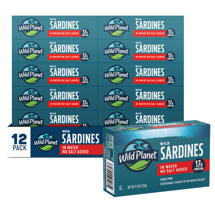 Wild Planet Wild Sardines in Water, No Salt Added, 4.4 Oz Can, 12 Pack