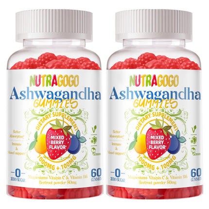 Ashwagandha Gummies & Vitamin D3 Gummy 120 Count - Organic Aswangdha Supplement for Improve Sleep, Stress Relief & Mood Calm(Mixed Berry,Vegan,Plant Based,Gluten-Free & Gelatin Free) Pack of 2
