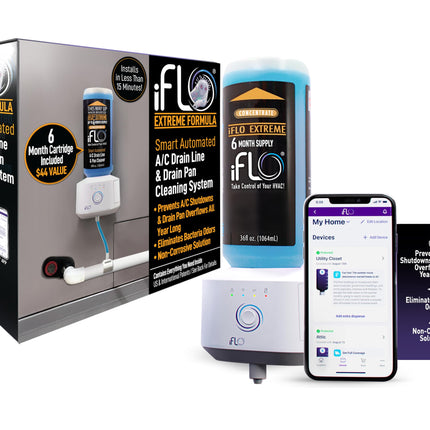 iFLO® Smart A/C Drain Line and Drain Pan Cleaner for HVAC System, Clog-Free, Easy Installation & App-Controlled Air Conditioner Maintenance, Includes 36oz Cleaner Cartridge Concentrate, 6 Month Supply