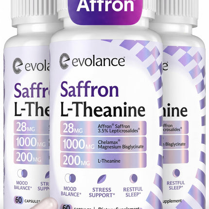 Evolance Saffron Supplements Extract for Stress & Mood Support – Affron 28mg, Magnesium Glycinate 1000mg, L-Theanine 200mg – High Absorption, Sleep & Focus Support, Melatonin-Free, 180 Veggie Capsules