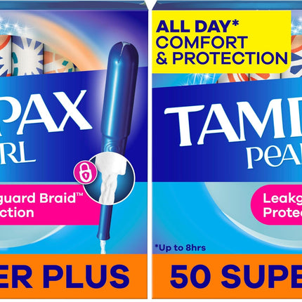 Tampax Pearl Tampons Super Plus Absorbency, with Leakguard Braid, Unscented, 50 Count (Pack of 2)
