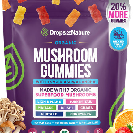 Drops Of Nature Lions Mane & Ashwagandha Gummies – Turkey Tail, Maitake, Reishi, Chaga, Shiitake, Cordyceps – Organic, Low Carb Superfood Gummies – 8 in 1 Mushroom Blend (Mixed Fruit, 80 Gummy Bears)