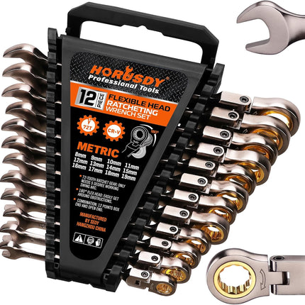 HORUSDY 12-Piece Metric Flex-Head Ratcheting Wrench Set with Organizer | 8-19 mm Ratchet Combination Wrenches Set | 72-Teeth | Chrome Vanadium Steel