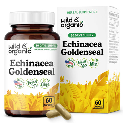 Wild & Organic Echinacea Goldenseal Capsules - Immune & Lung Support - Goldenseal Echinacea Supplement - Hydrastis Canadensis & Purpurea Complex - Vegan, No Fillers, Non-GMO - 60 Count