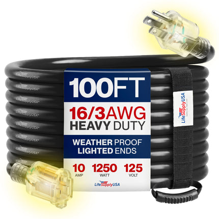 100ft Outdoor/Indoor Extension Cord 16/3 Gauge Heavy Duty 3 Prong SJTW, Waterproof, Flexible Cold-Resistant Long Power Cord,10A 125V 1250W, Yellow by LifeSupplyUSA