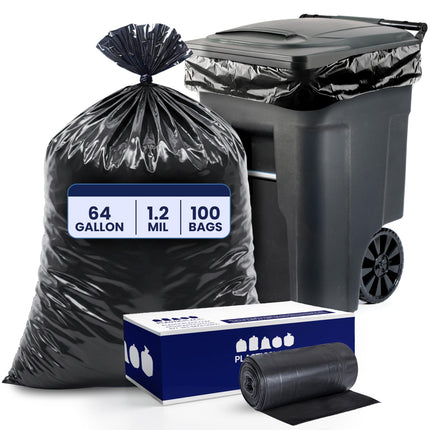 Plasticplace 64-65 Gallon Trash Can Liners for Toter │ 1.2 Mil │ Black Heavy Duty Garbage Bags │ Rolls │ 50” x 60” (100 Count)