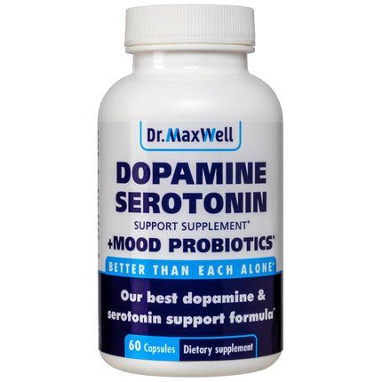 Dr. Maxwell Serotonin and Dopamine Supplements with Mood Probiotic, 5in1 Support for (1) Dopamine (2) Serotonin (3) Mood (4) Relaxation (5) Focus & Brain, 60 Capsules