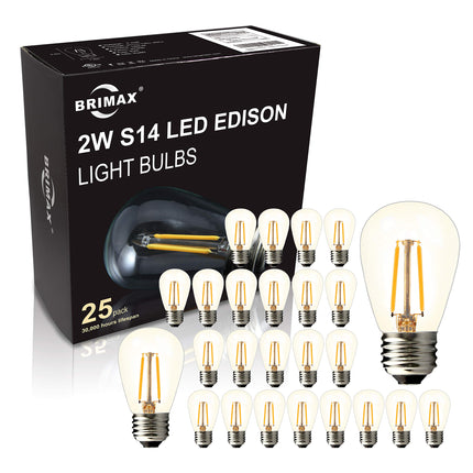 BRIMAX 25 Pack 2W S14 Replacement LED Bulbs,2700K Soft Warm White, Shatterproof Waterproof Outdoor String Light Bulbs Dimmable,E26 Medium Base,Plastic Edison Bulbs for Patio Garden