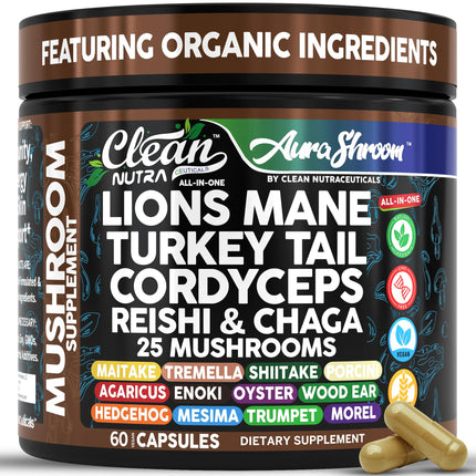 AuraShroom Mushroom Supplement Lions Mane Turkey Tail Cordyceps Reishi Shiitake Chaga Oyster Stress Relief Immune Support Nootropic Energy Portobello Mushrooms 60 Capsules By Clean Nutra