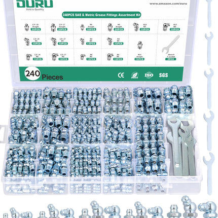 OURU 240PCS Grease Fittings Assortment Kit, SAE & Metric with Wrench Kit