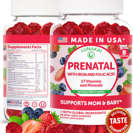 Lunakai USA Made 17-in-1 Prenatal Vitamins for Women with Iron & Folic Acid – Delicious Daily Prenatal Gummies for Maternal Wellness Support, 60ct