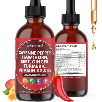 Cayenne Pepper Supplement Liquid Drops + Hawthorn Berry, Vitamin D3 K2 Beet Root Powder, Ceylon Cinnamon, Turmeric Curcumin, Organic Panax Ginseng - 2 OZ