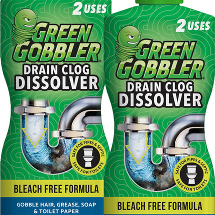 Green Gobbler Drain Clog Dissolver | Powerful Liquid Drain Opener & Toilet Clog Remover | Safe for Pipes & Septic | 2 Pack