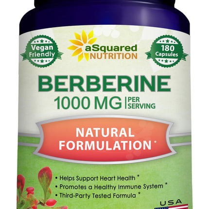 aSquared Nutrition Pure Berberine 1000mg Supplement - 180 Veggie Capsules, Natural Berberine Hydrochloride HCL Plus, Max Strength 1000 mg (2X 500mg), Potent Berberine Vegan Extract