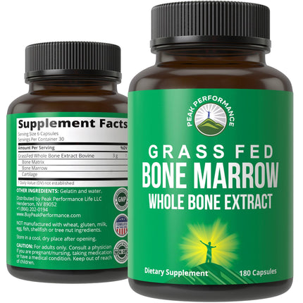 Peak Performance Grass Fed Bone Marrow - Whole Extract Supplement 180 Capsules - Superfood Pills Rich in Collagen, Vitamins, and Amino Acids - from Matrix Cartilage - Ancestral Tablets
