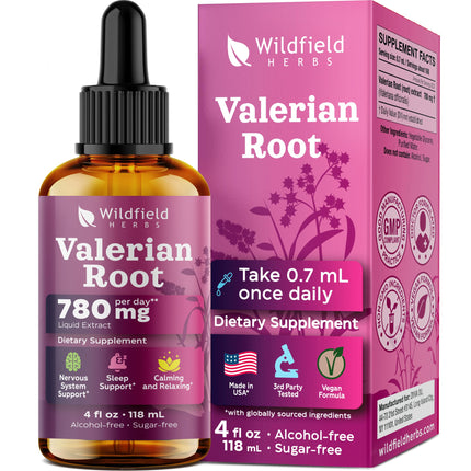 WILDFIELD HERBS 4 Oz Valerian Root Extract Liquid Drops - Sleep & Calm Support | 2 Month Supply | - Made in USA - Valerian Root Supplement - Alcohol & Sugar Free
