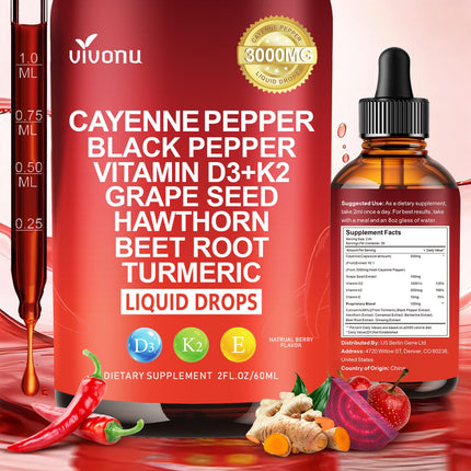 Cayenne Pepper Drops Supplement Liquid + Liposomal Tech 98% Absorption, Supports* Leg Vein, Heart & Blood Vessel* Health + Vitamin E D3+K2 & Extracts of Grape Seed, Hawthorn, Beetroot, Berberine