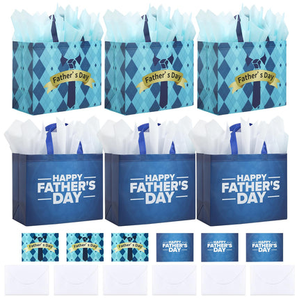 YANGTE 6 Pack 13" Fathers Day Gift Bags with Tissue Paper, Gift Bags Medium for Men Dad Father Grandpa, Happy Fathers Day Gift for Party Favor Supplies, 12.8"*10.2"*6.3"